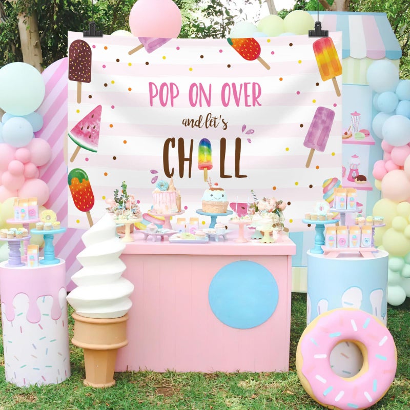 MEHOFOND Summer Popsicle Party Backdrop Pink Pool Pop On Over and Let's Chill Swim Girl Birthday Baby Shower Background Photography Photo Booth Banner for Cake Table Supplies 7x5ft - Image 5